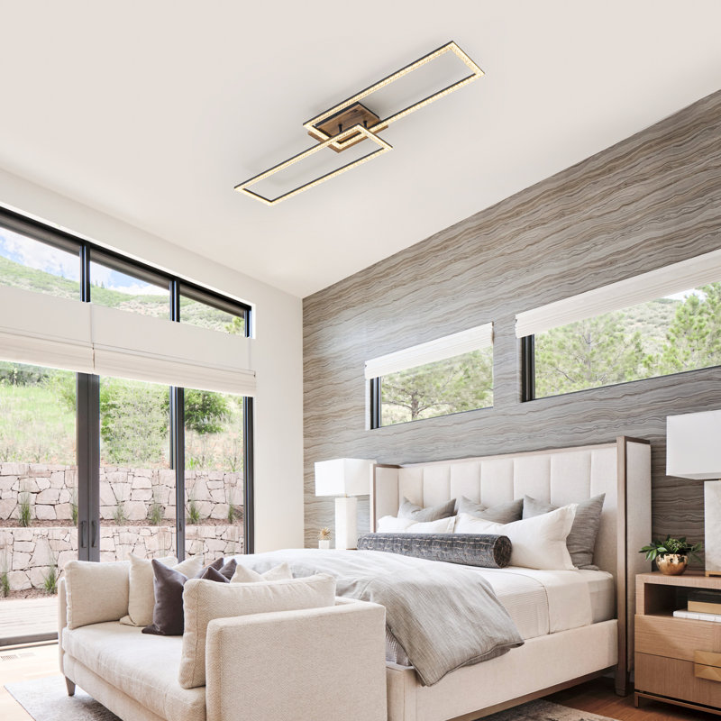 LED Geometric Flush Mount Ceiling Light - 31W 2240LM, Matte Black Frame with Wood Tone MDF, Dimmable, 40" Linear Design