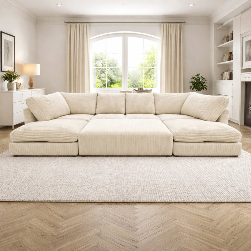 7 Seater Corduroy Sofa Bed, Cream