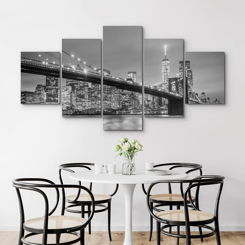 «Black and White Brooklyn Bridge in New York City», impression sur toile 5 pièces