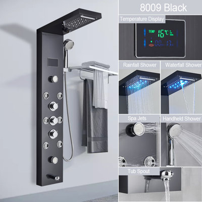 Black LED Shower Panel Tower Stainless Steel Rain&Waterfall Massage Body Jet System