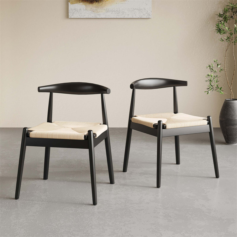 Ensemble de 2 chaises de cuisine style Mid-Century avec structure en chêne massif et siège tissé à la main pour un espace de vie et de salle à manger élégant
