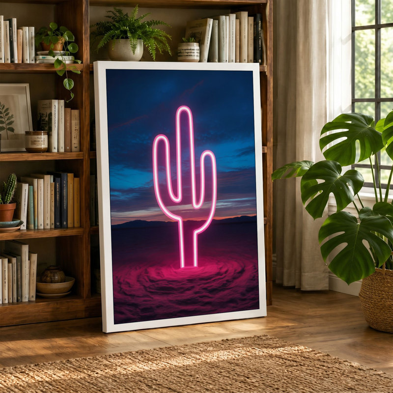 Neon Saguaro Modern 1 Piece Wrapped Canvas Wall Art, 18x12 - 45.7 x 30.5 cm, Cream Border
