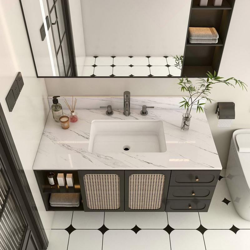 Plan de toilette en marbre de 109 cm (43 po), blanc, avec 3 trous prépercés pour robinetterie, lavabo rectangulaire encastré et dosseret de 10 cm (4 po) de hauteur, Bianco Carrara Venato