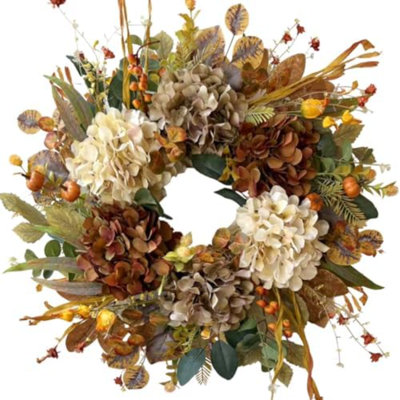 Couronne d'automne de 60 cm pour porte d'entrée avec hortensias et mini-citrouilles | Couronne rustique d'automne sur base de brindilles, décoration de ferme pour l'Action de grâce, décorations d'automne pour la maison, cadeau d'Halloween pour l'intérieur et l'extérieur
