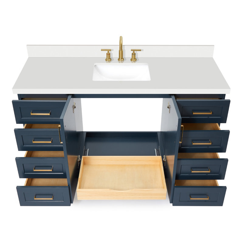 Freitas 60'' Solid Wood Single Bathroom Vanity in Midnight Blue with 1.5'' Carrara White Quartz Top, Center, Rectangle Sink