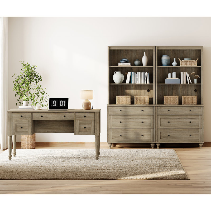 2 - Piece Office Set, 56" Executive Desk & Set Of 2 Bookcases With Drawers, Wash Grey