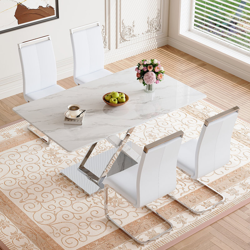 Glass Dining Table Set For 6, 5, White/Silver