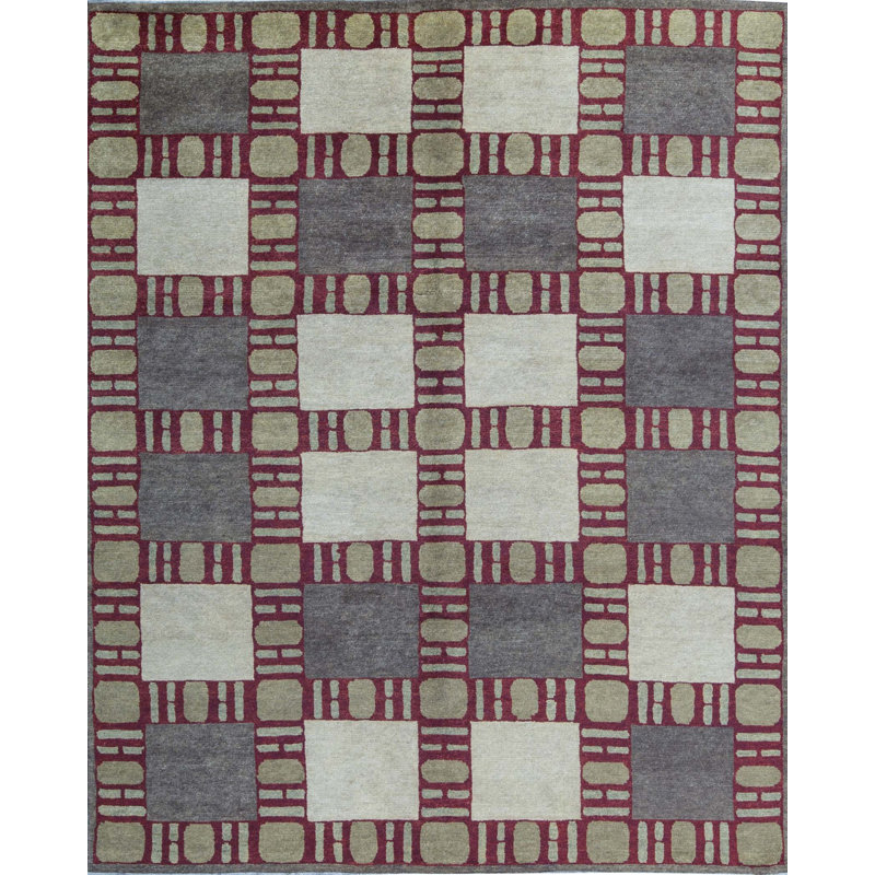Tapis rouge, gris et ivoire noué à la main de haute qualité