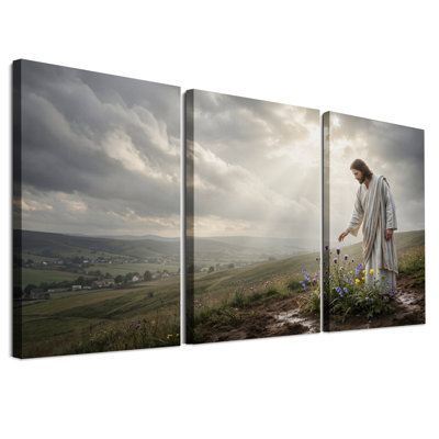 Jesus Reaching for Wildflowers on Green Hill Set Of 3 Canvas Wall Art