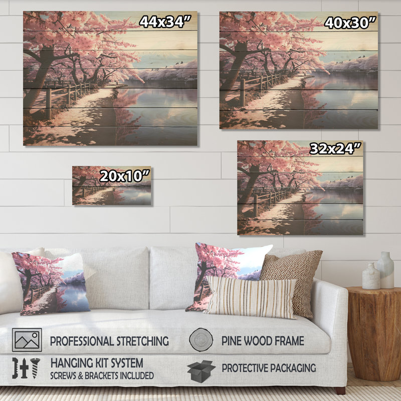 «Cherry Blossum», mont Fuji, reflet du Japon III - montagnes sur bois, H 34 po x l 44 po