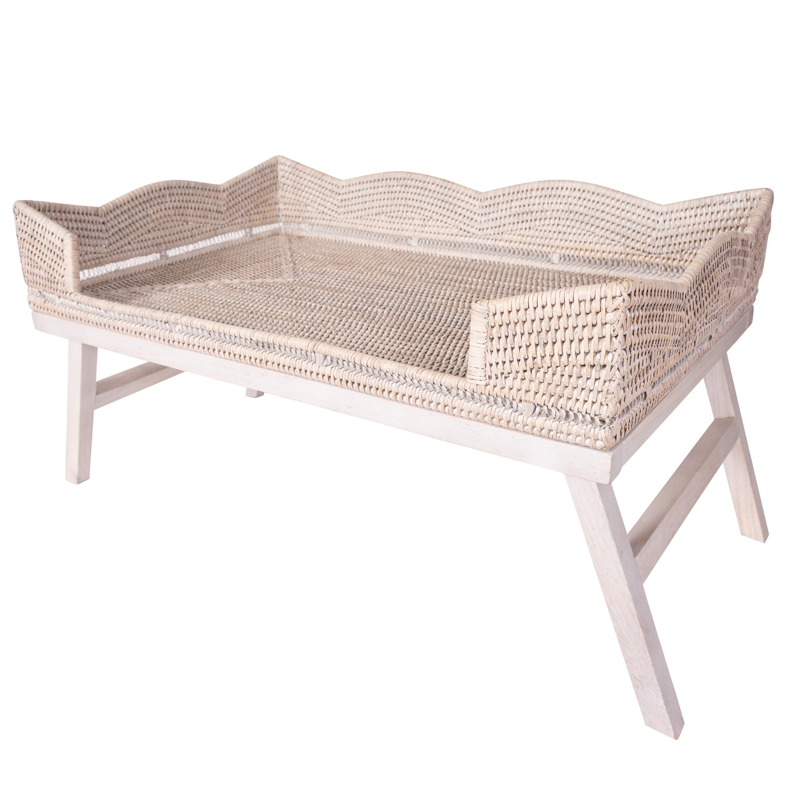Scallop Design Breakfast Tray With Wooden Legs, White Wash