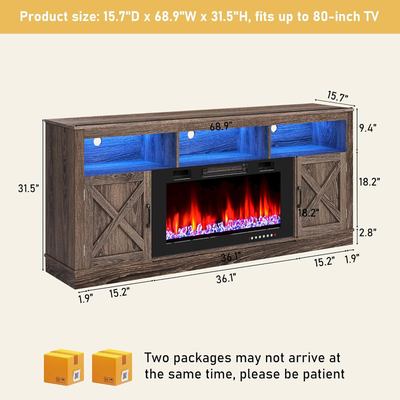 Zev Storage Credenza with Fireplace Included, Gray, 31.5" H x 68.9" W x 15.7" D
