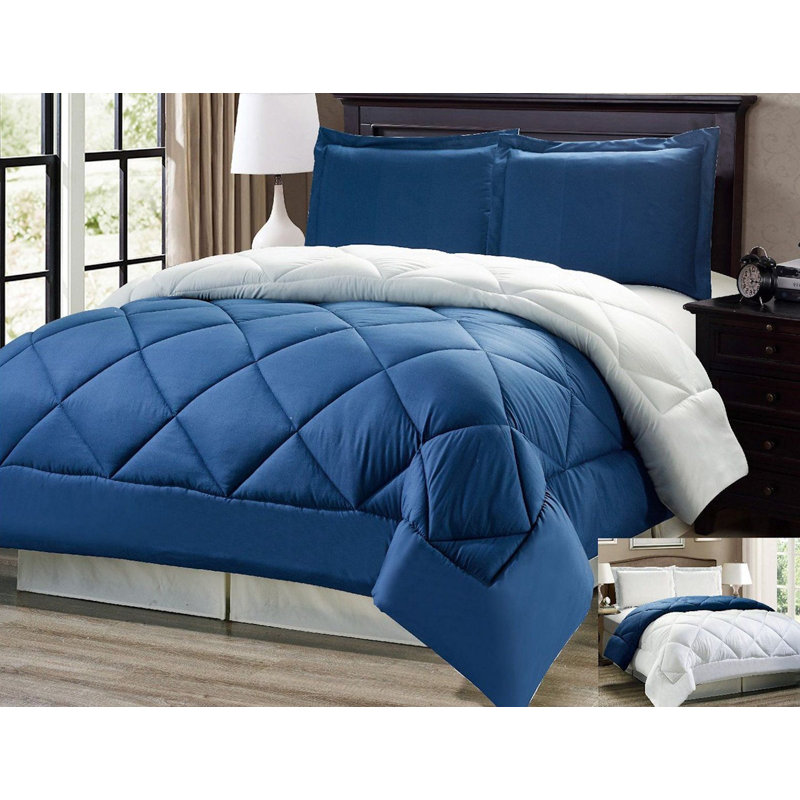 Ensemble d'édredon réversible en microfibre 11513, Bleu, Édredon double/grand et 2 taies décoratives