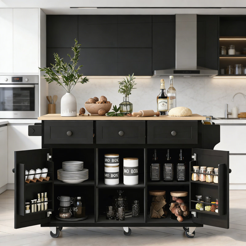 Versatile Kitchen Cart with Drop-Leaf Countertop, Adjustable Storage, and Dual Mobility Options for Modern Homes., Black