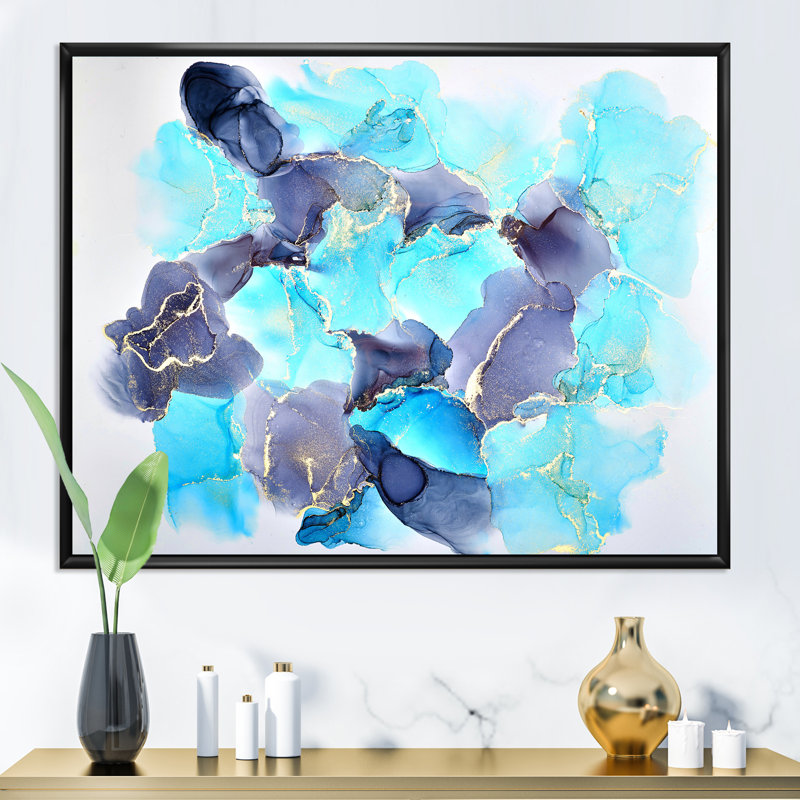 Turquoise de luxe abstrait fluide III - peinture sur toile, H 24 po x l 32 po x P 1 po, Cadre flottant noir