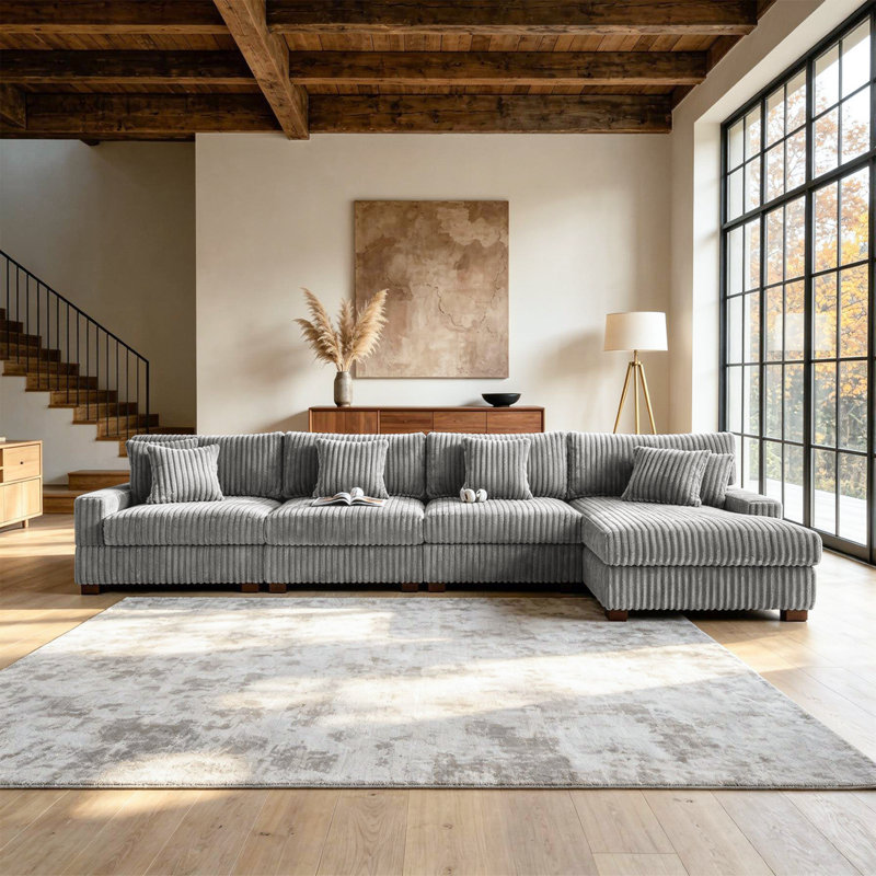 4 - Piece Upholstered Light Gray Faux Rabbit Fur Flannel Modular Sectional Sofa with Armrests & Throw Pillows