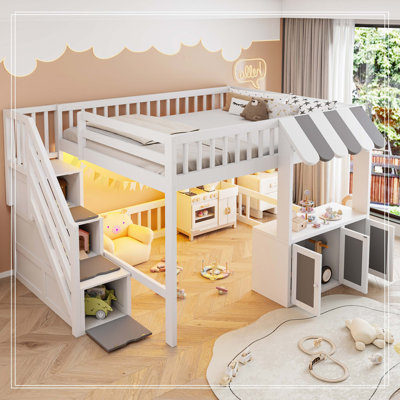 Full Size Loft Bed with Storage Steps, LED Light, Under Bed Cabinets, Playhouse Design Bed Frame for  Bedroom, White+Gray