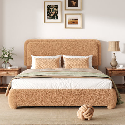 Boucle Upholstered Platform Bed Frame with Adjustable Headboard & Soft Rounded Corners