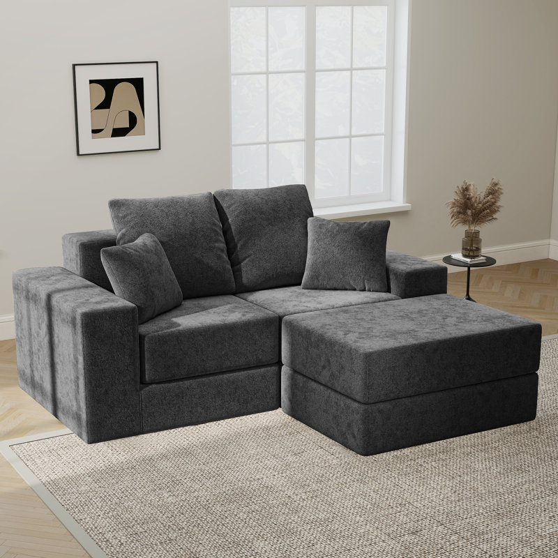 Canapé modulaire escamotable 75 po en velours avec repose-pieds, Velours gris velours