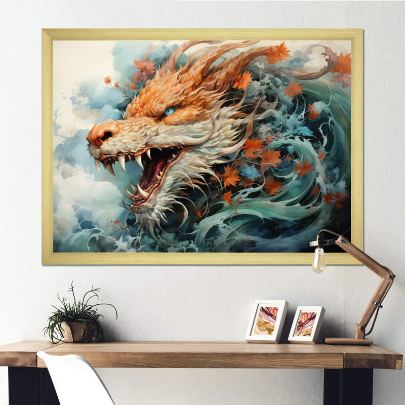 Asian Art Dragons Dance - reproduction d'art, H 16 po x l 32 po x P 1 po, Encadrement doré