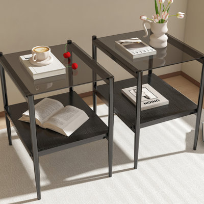 De 2 tables de bout de salon, plateau en verre trempé gris et couche de table de capacité de charge de 110 lb, 19,1 po x 15,1 po x 21,18 po