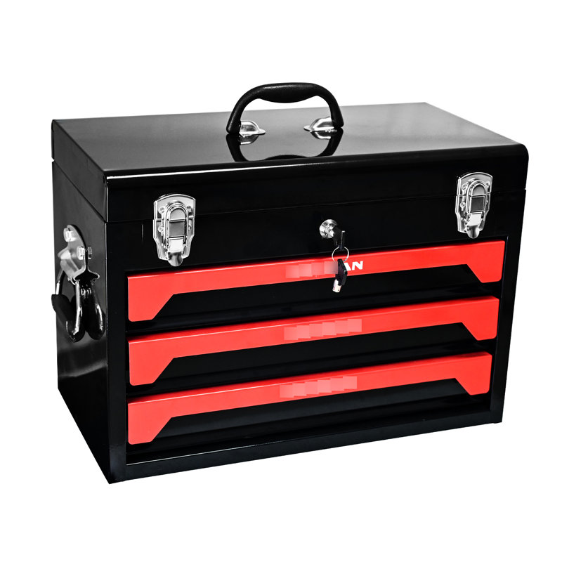 Boîte à outils 20 po 3 tiroirs en métal, noir et rouge, glissière à roulement, loquet, rangement pratique en acier noir et rouge 20 po, option