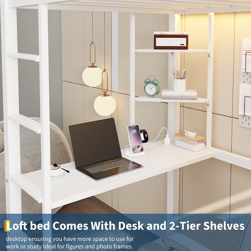 Lit mezzanine simple avec bureau, tiroirs en tissu, tablettes, lumières DEL et garde-corps de sécurité, Blanc
