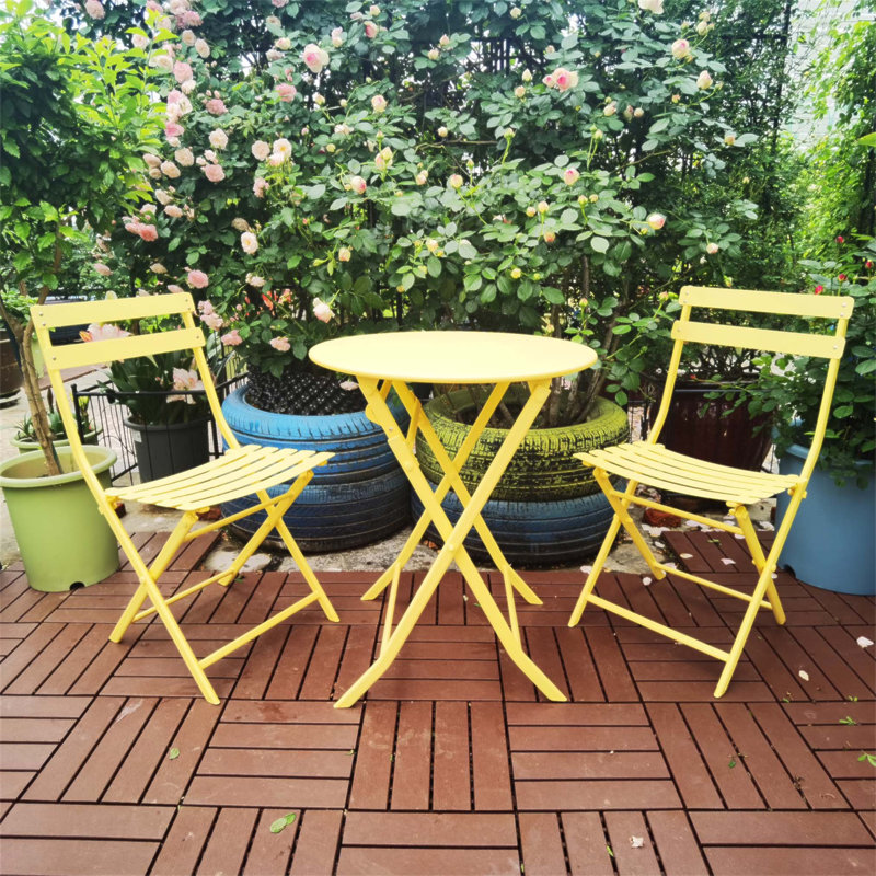 3 Piece Patio Bistro Set With Foldable Chairs And Table,  For Compact Outdoor Spaces And Easy Storage, Yellow