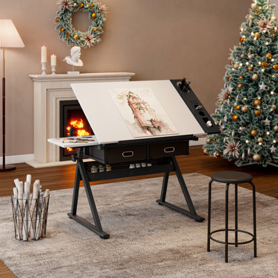 Home Office And Drawing Drafting Table Desk With Adjustable Height Tiltable Desktop, White, Two Non - Woven Drawers, Metal Storage Strips, Legs, Comes Stool For , Desktop From 0 To 75, On Side,
