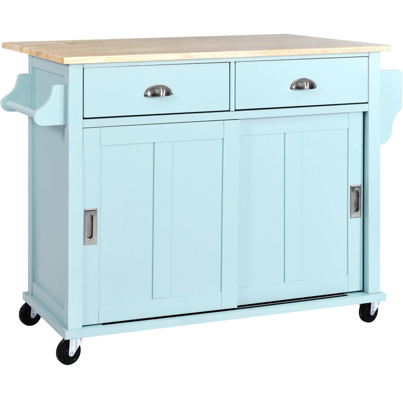 Buccigross 52.2'' Wide Rolling,with Rubber wood Drop-Leaf Countertop, Concealed sliding barn door adjustable height,Kitchen Island on 4 Wheels with Storage Cabinet and 2 Drawers,island,coffee cart