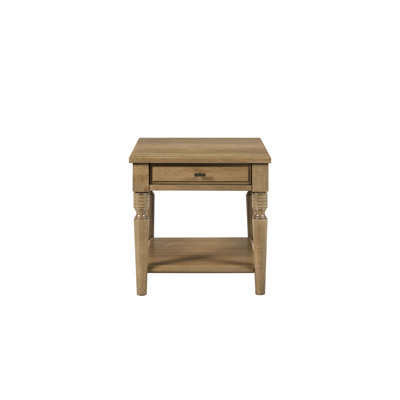 Table d'appoint couleur amande avec placage, un tiroir entièrement fini, pattes classiques et tablette inférieure ouverte pour objets décoratifs, largeur 67 cm, fini placage, plateau tourné, rangement supplémentaire, largeur, bois massif +