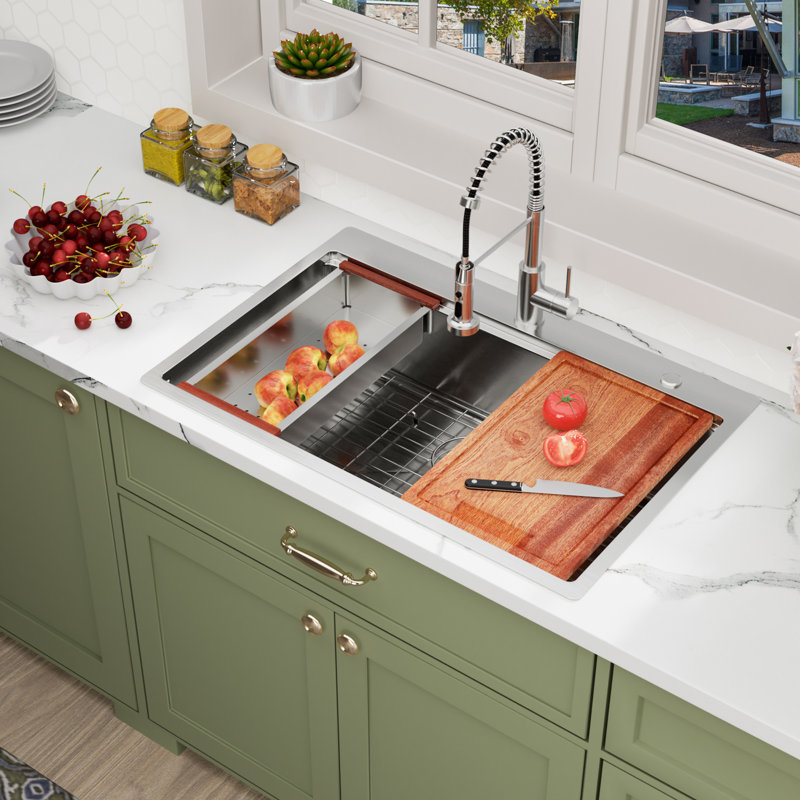 Mocoloo 33" L x 22" W Drop-In Workstation Kitchen Sink Handmade Single Bowl Stainless Steel Topmount Kitchen Sink