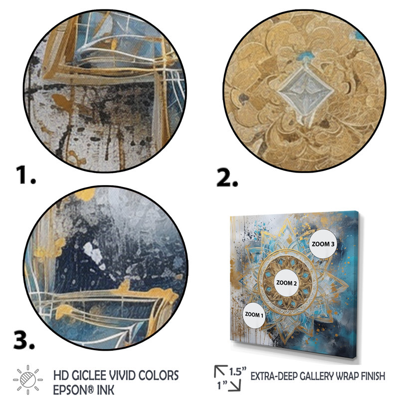 Bleu et or Mandala II - impression, H 36 po x l 36 po x P 1,5 po, Toile tendue