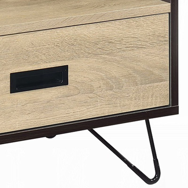 Table de chevet à un tiroir avec compartiment ouvert, 53 cm de largeur, en panneaux de particules de chêne et noir, avec pattes en métal