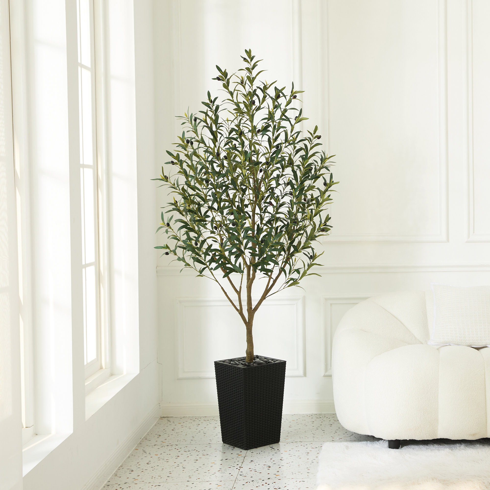 Adcock Artificial Olive Tree for Indoor & Outdoor Home Decor, Faux Olive Tree with Decorative Pot, Black