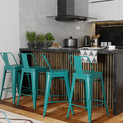 Tabouret de comptoir de 24 pouces en métal de 4 - Design industriel avec finition stable bleu sarcelle courbé 4 24 po de hauteur en bleu, dossier, repose-pieds confortable, croisillon, marque