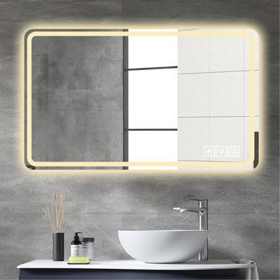 Miroir de salle de bain 24 x 40 pouces à DEL avec lumières avant, fixation murale, - brouillard, miroir en cuivre argenté de 5 mm, intensité variable à trois couleurs, fonction de désembuage pour salle de bain, table à langer, fonction
