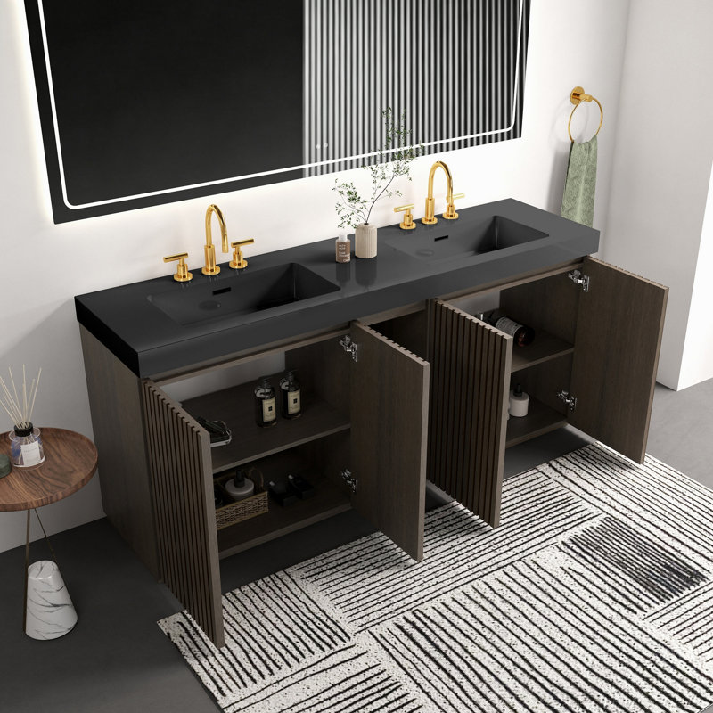 Meuble-lavabo autoportant 72 po avec lavabo en chêne fumé 72 po pour salle de bain moderne, lavabo à une pièce en quartz noir sans drain ni robinet, LTL