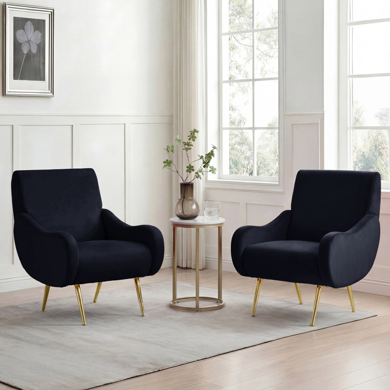 Ensemble de 2 fauteuils d'appoint rembourrés de style moderne Mid-Century de 28 po avec pieds en métal doré et argent et accoudoirs courbés pour salon, chambre à coucher et meuble-lavabo Aitana