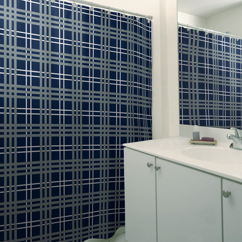 Ensemble 2 pièces de rideau de douche à carreaux Dallas, Bleu / blanc / argent