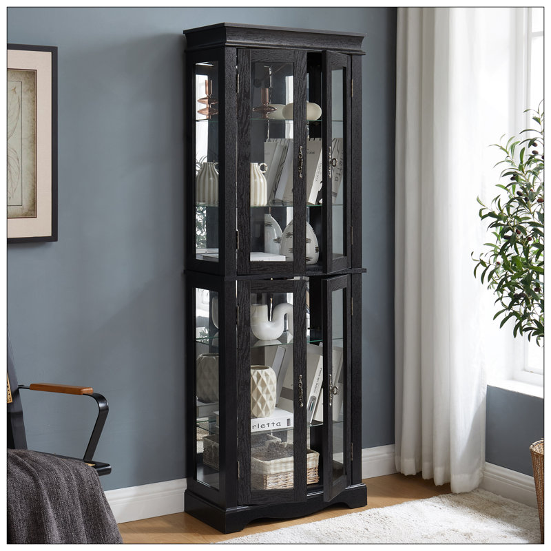 Lighted Glass Curio Display Cabinet With Wood Frame - Elegant Glass Storage For Wine, Toys & Collectibles - For Living Room, Kitchen & Pantry - Bulb Included, Black