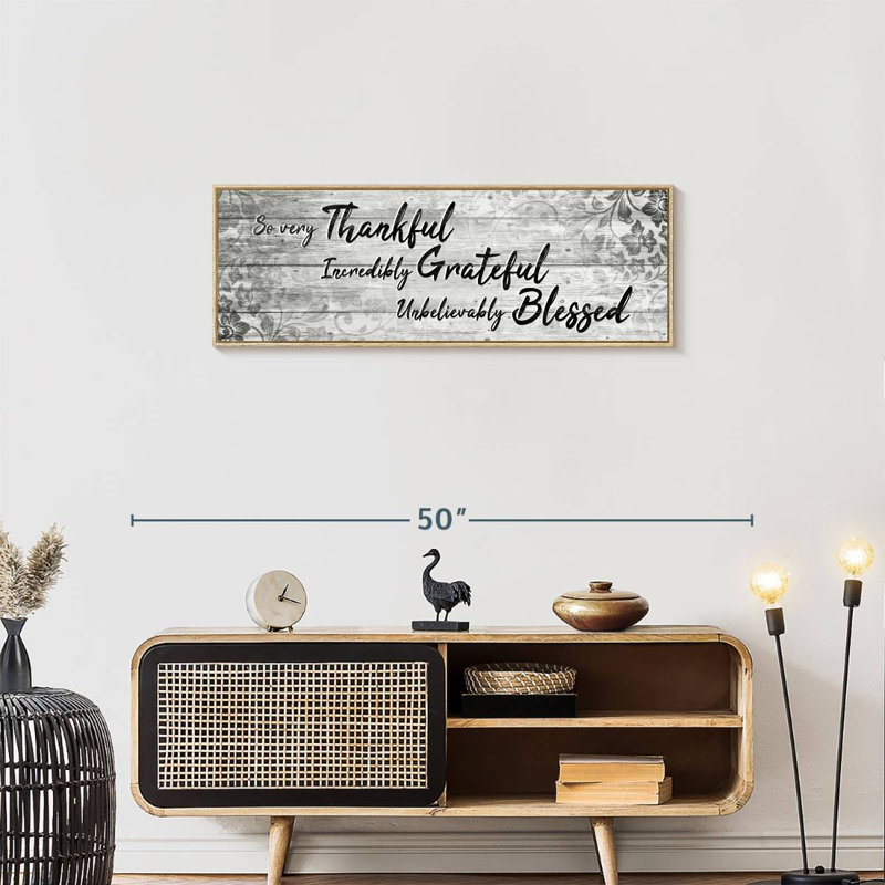 Plaque murale «Thankful Grateful Blessed IV», Cadre flottant en bois naturel, 37 po x 13 po