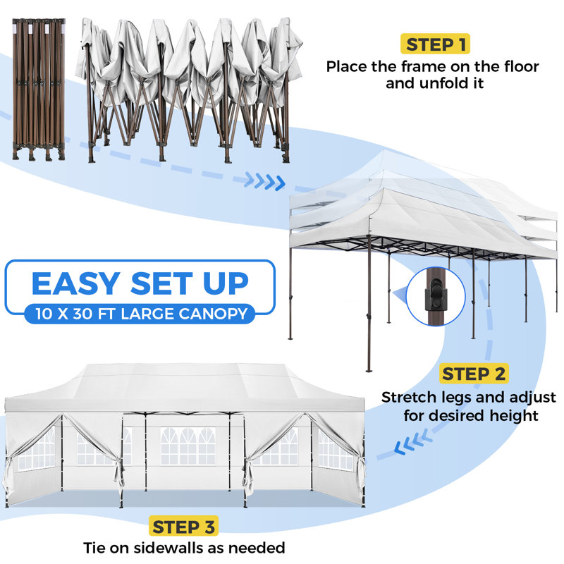 30 Ft. W x 10 Ft. D Metal Pop-up Canopy for Parties Waterproof Gazebos with 8 Detachable Sidewalls, White