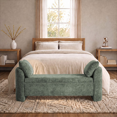 Banc de rangement moderne rembourré de 148 cm de large avec coussins, banc de chambre en chenille aux côtés incurvés pour chambre, entrée ou salon