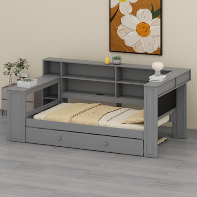 Modern Platform Bed with Integrated Desk, Charging Station, and LED Lighting