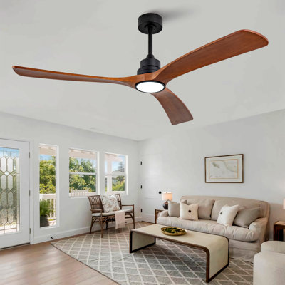 60 Inch Wood Ceiling Fan with 3 Solid Walnut Blades, Remote Control & Reversible DC Motor - Quiet LED Ceiling Fan for Living Room, Black
