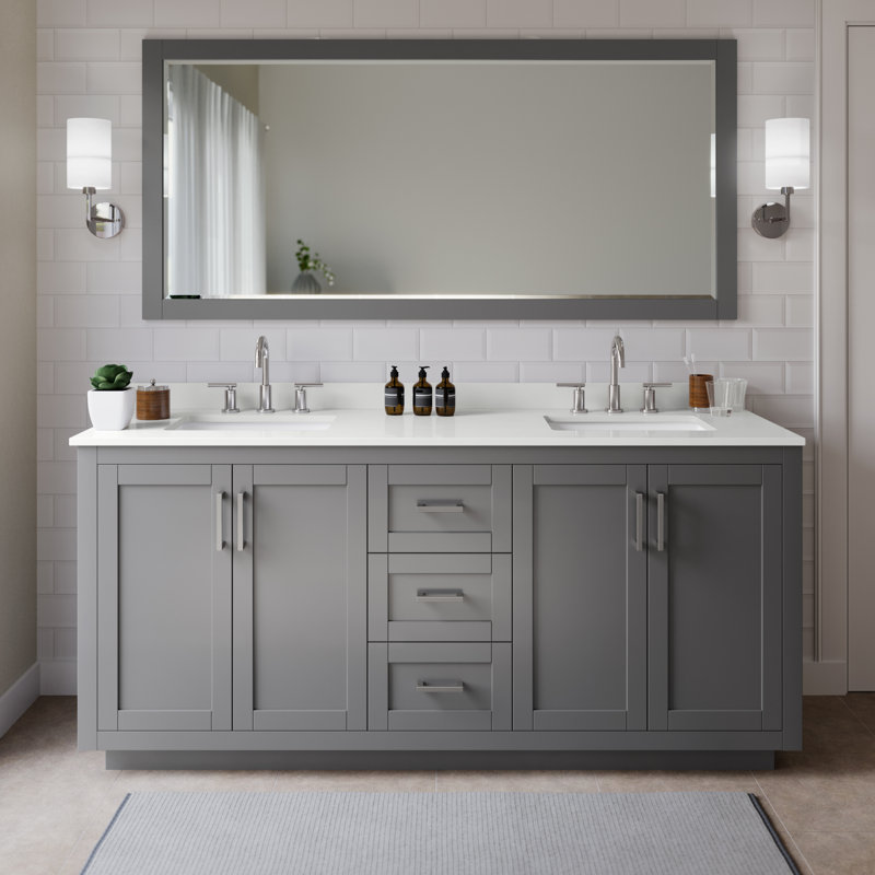 Miranda 72" Freestanding Double Bathroom Vanity with Quartz Top, White Quartz, Dark Gray, Brushed Nickel