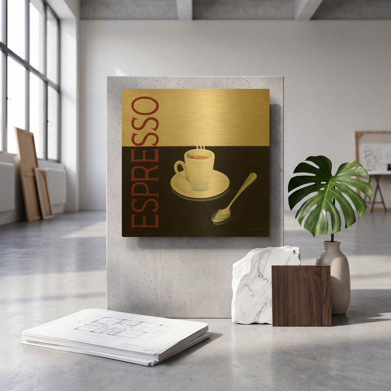  «Cafe Moderne 4» par Marco Fabiano, art mural en métal doré, 12 po x 12 po, 12 po x 12 po