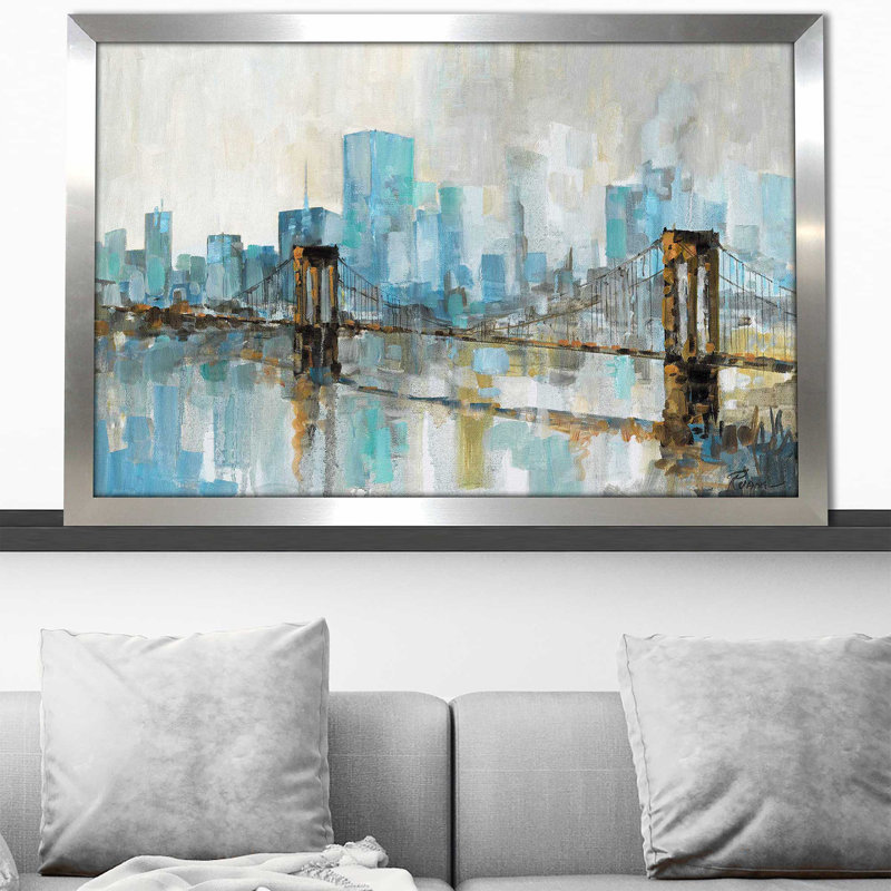 Teal City Shadows par - Peinture, Encadrement argenté, H 27,5 po x l 39,5 po x P 0,75 po