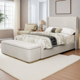 King Size Corduroy Upholstered Bed Frame With 130L Storage Ottoman, And Vertical Stripe Wingback Headboard And High Footboard